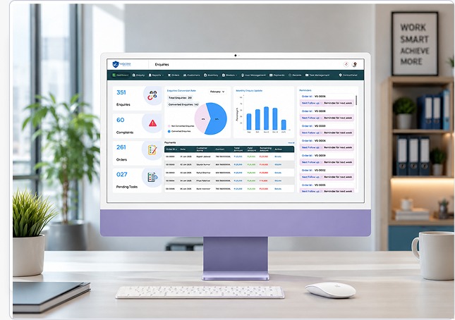 Vcare business dashboard with KPI, sales, and module views
