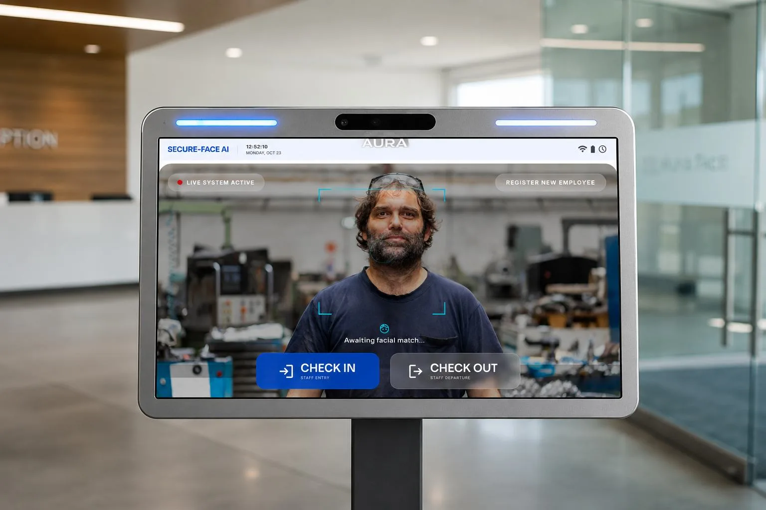 Tablet kiosk showing AI face recognition for employee attendance check-in