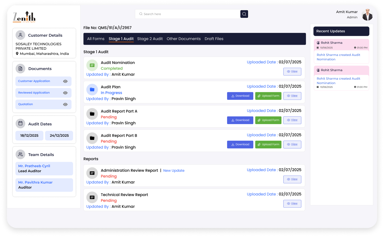 Zenith audit workflow operations screen