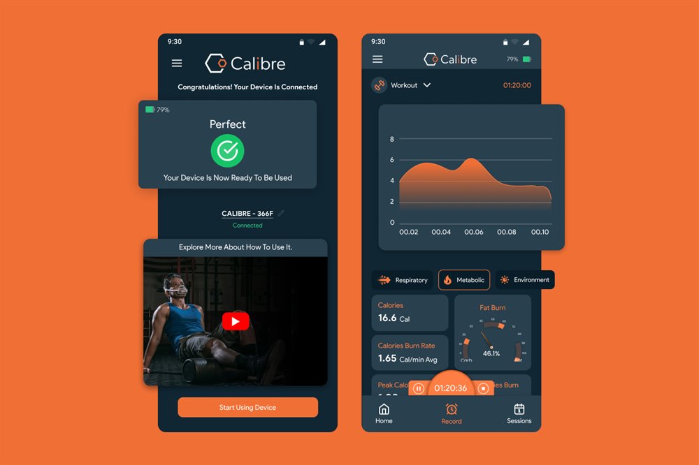 Calibre wearable IoT app device connection and workout screens