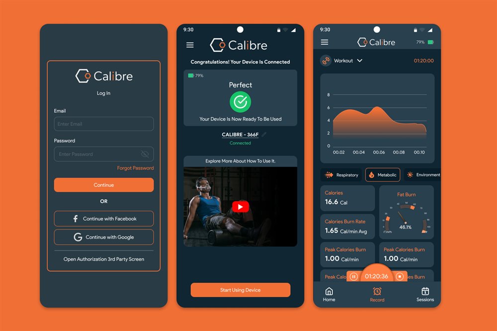 Calibre mobile application login, connection, and live insights screens