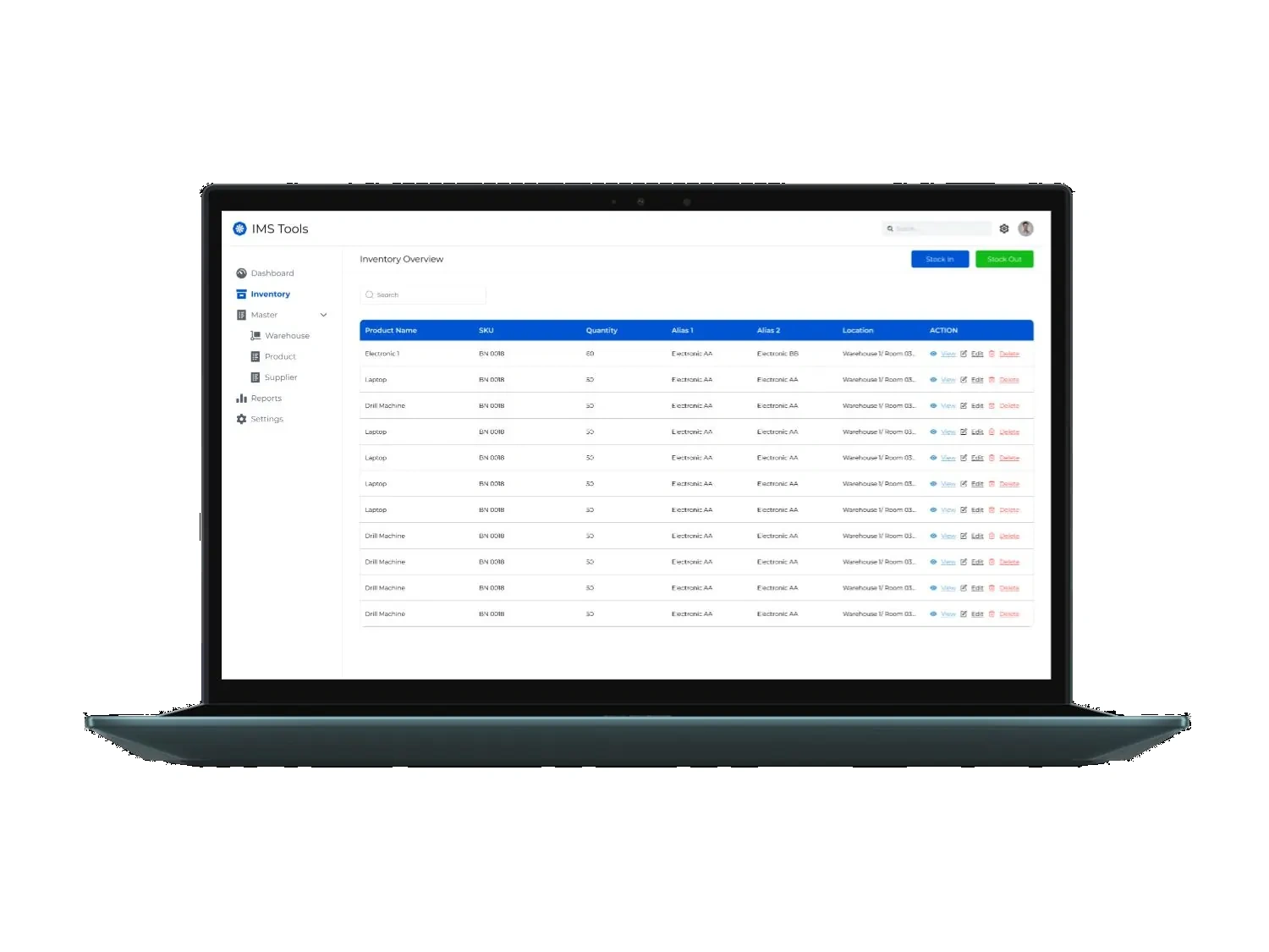 IMS Tools inventory overview table with SKU, quantity, aliases, locations, and actions