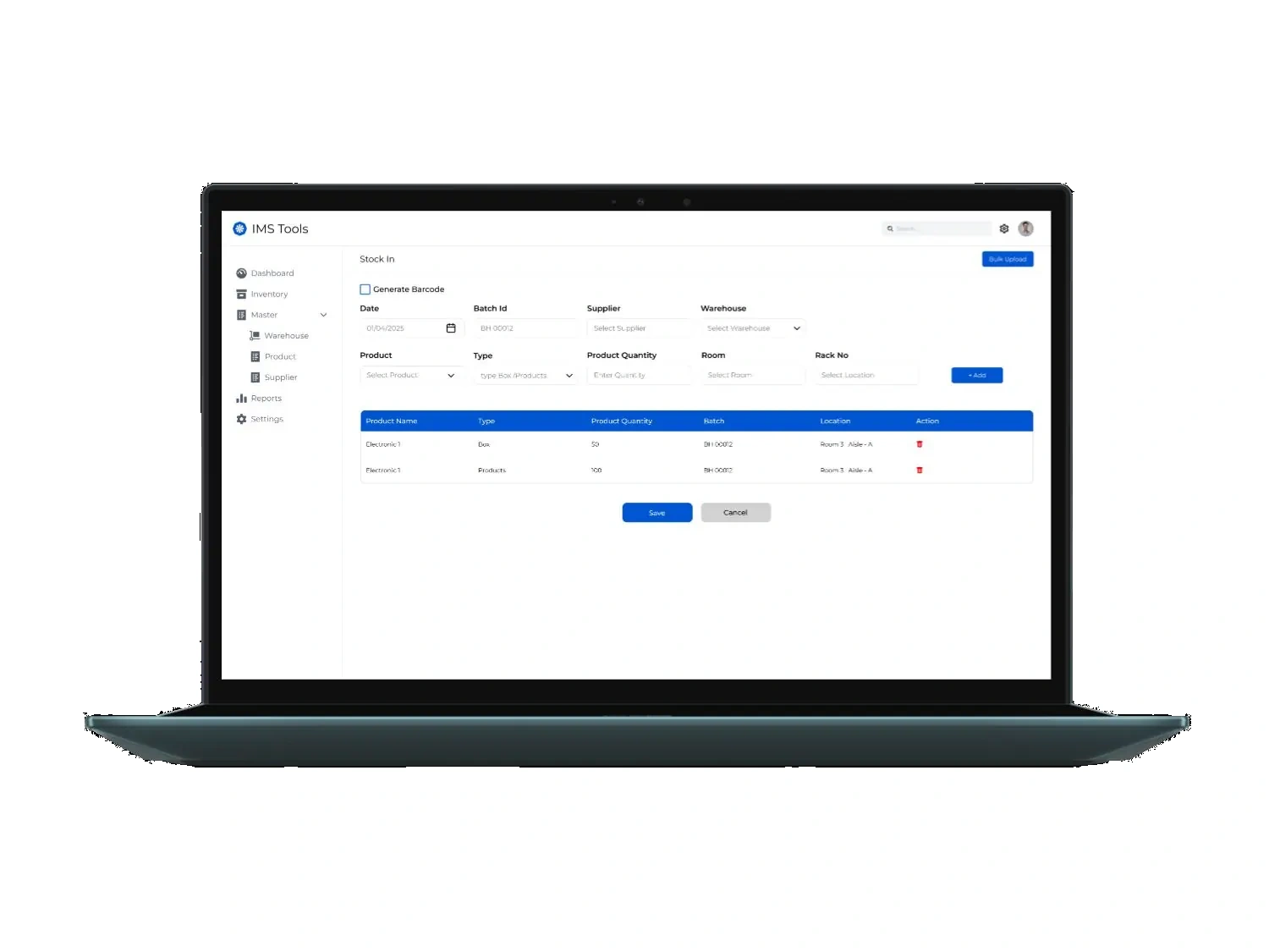 IMS Tools stock-in workflow with barcode generation, warehouse selection, and rack location rows