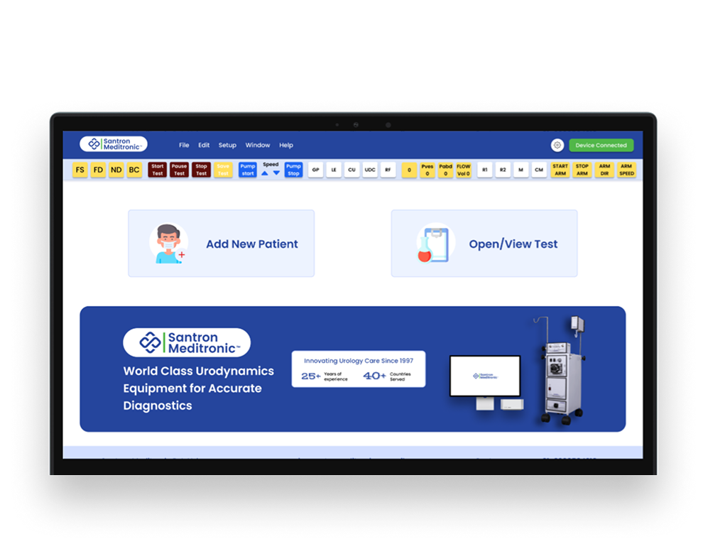 Santron software start screen with new test and patient database options