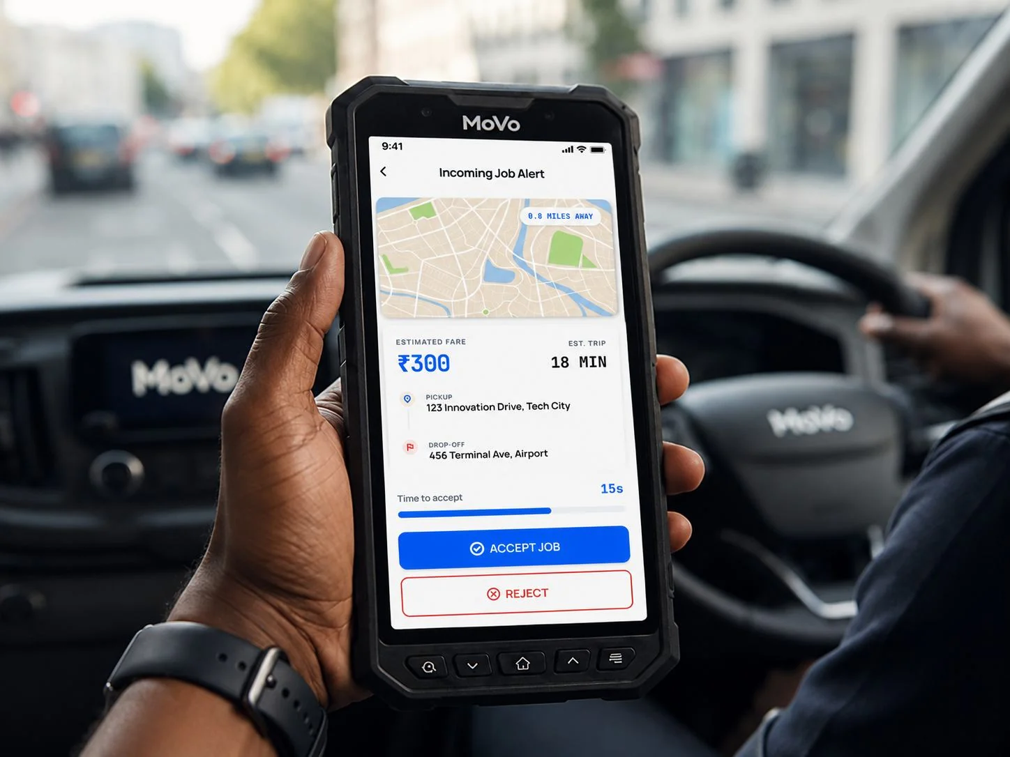 MoVo driver incoming job alert app preview
