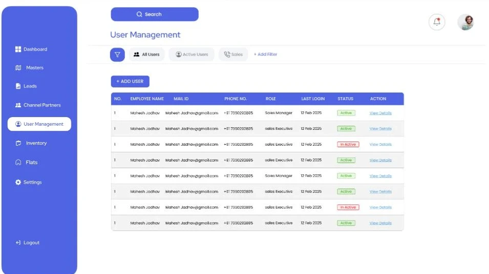Real estate lead and user management interface