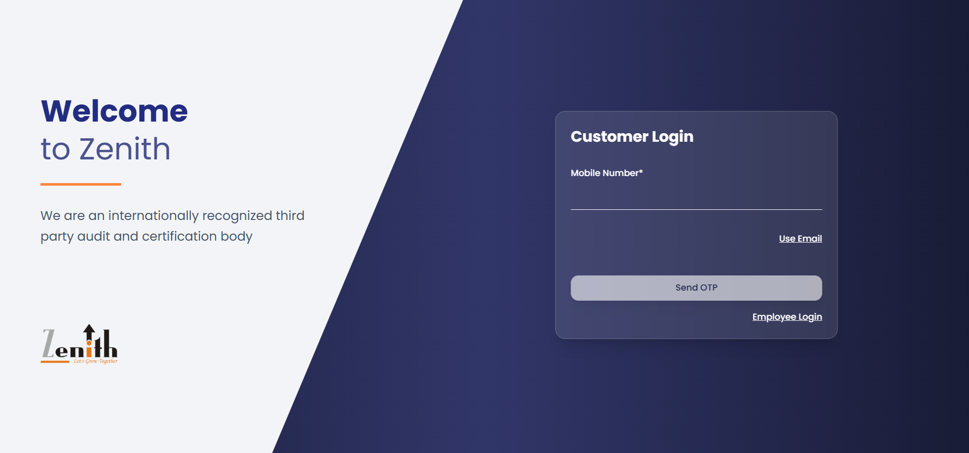 Zenith customer login screen